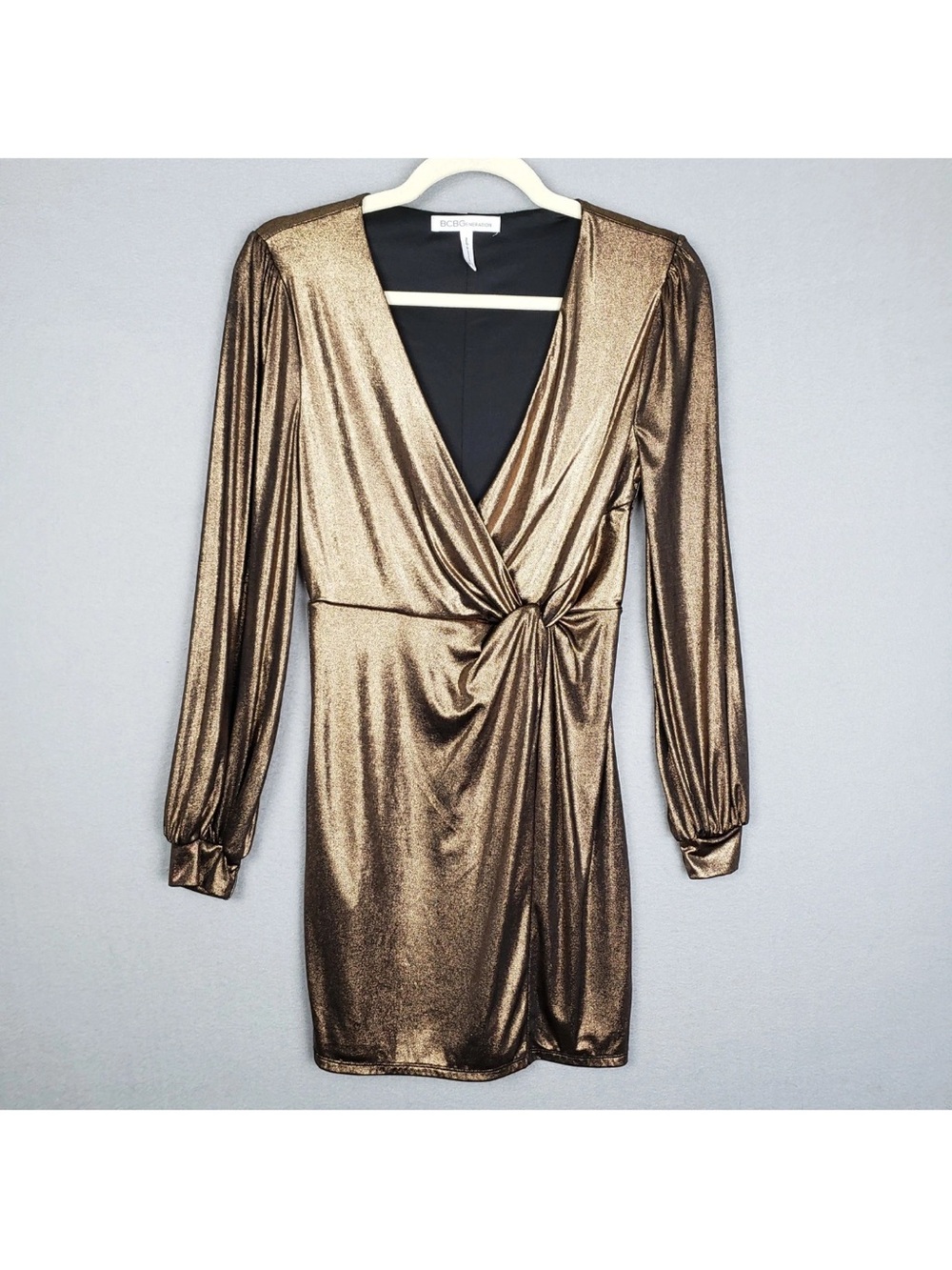 BCBGMaxAzria Metallic Gold Long Sleeve Knot-Front Mini Dress